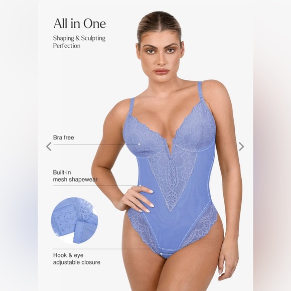 Popilush Shapewear Lace Deep V-Neck Sculpting Thong Bodysuit NWT - Picture 2 of 9